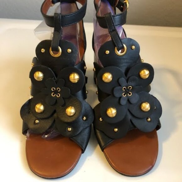 New SEE BY CHLOE Haya Black Leather Floral Stud Block-Heel Sandal SZ 7 MSRP $335 - Picture 3 of 8